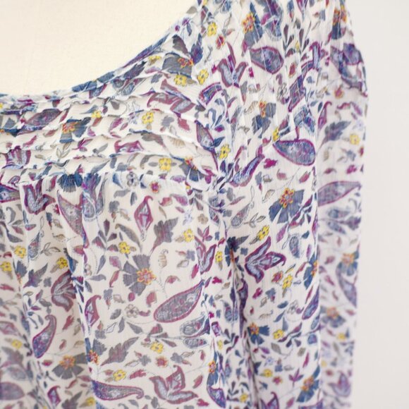 LC Lauren Conrad White Purple Blue Floral Sheer Scoop Neck Blouse Capped Large L - Picture 2 of 12